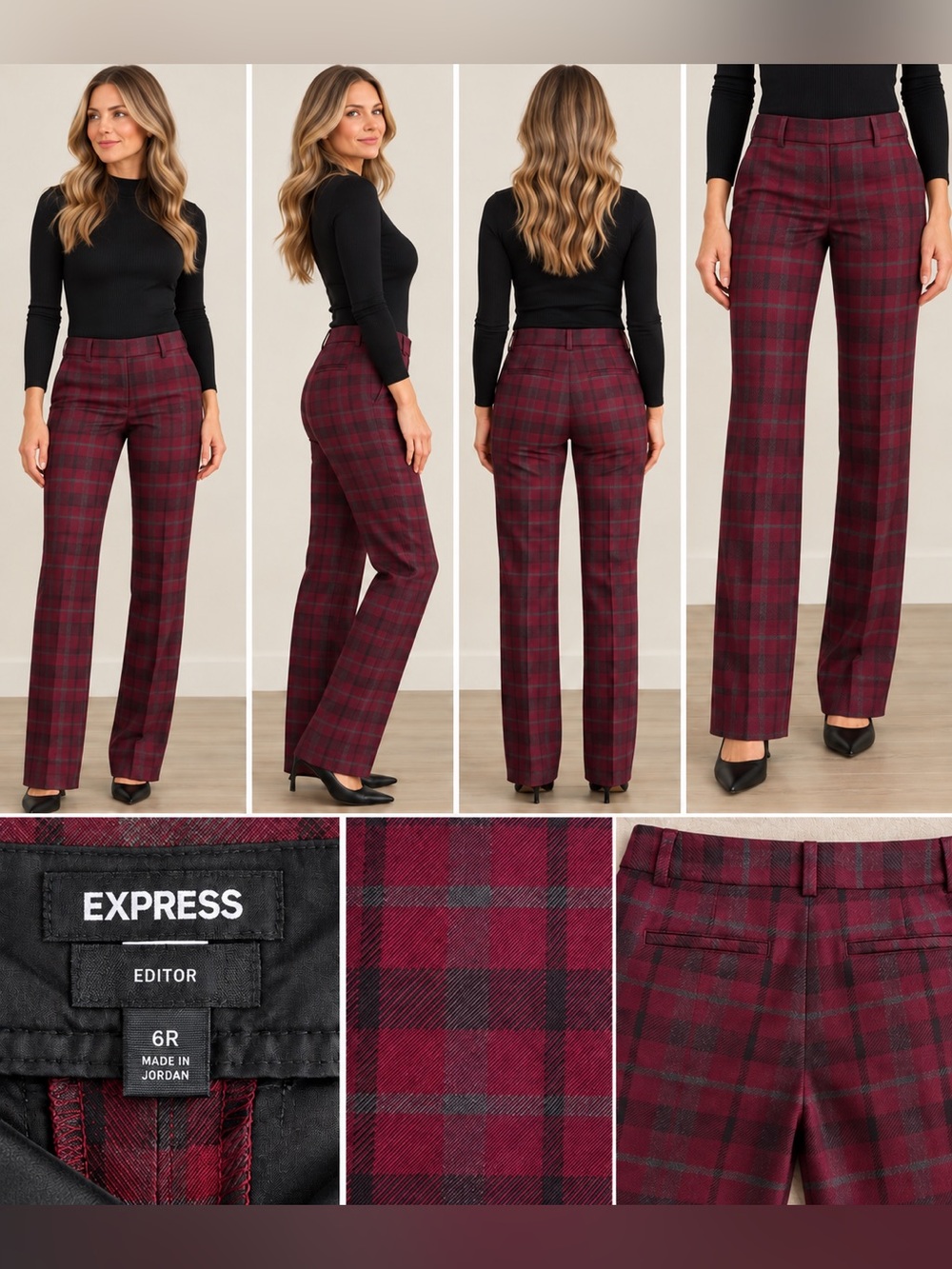 Express Editor maroon Plaid straight leg trousers Size 6R